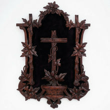 Load image into Gallery viewer, Antique Black Forest Hand Carved Wood Holy Water Font, Stoup Religious Cross