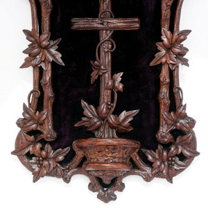 Antique Black Forest Hand Carved Wood Holy Water Font, Stoup Religious Cross