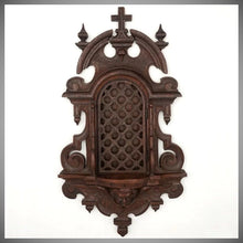 Load image into Gallery viewer, Antique 19thc Carved Wood Religious Altar Niche Wall Hanging, Lattice Door Front