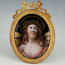 Load image into Gallery viewer, Antique French Limoges Enamel on Copper Miniature Portrait Plaque Painting of Jesus Christ, Gilt Bronze Frame