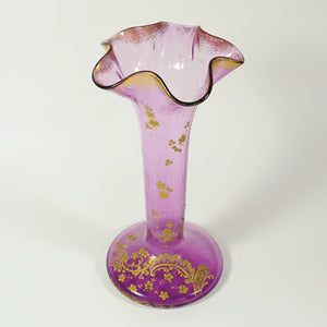 Antique Art Nouveau French Legras Glass Gold Enamel Ruffled Vase