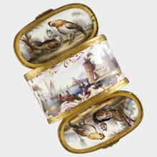 Load image into Gallery viewer, Antique 18thc German Porcelain Gilt Mounted Box, Tabatiere, Rare Double Sided Dual Lids, Hand Painted Maritime Scenes & Chickens