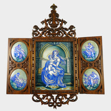 Load image into Gallery viewer, Antique Hand Painted Porcelain Portrait Plaques, Carved Wood Triptych Religious Scenes Alter Piece, Madonna &amp; Child
