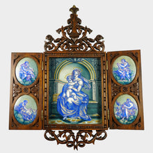 Load image into Gallery viewer, Antique Hand Painted Porcelain Portrait Plaques, Carved Wood Triptych Religious Scenes Alter Piece, Madonna & Child