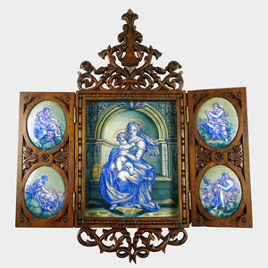 Antique Hand Painted Porcelain Portrait Plaques, Carved Wood Triptych Religious Scenes Alter Piece, Madonna & Child