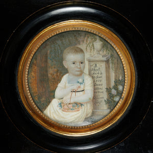 A hand painted miniature portrait of a baby, mourning imagery, dated 1808
