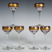 Load image into Gallery viewer, Antique Bohemian Purple Glass Raised Gold Enamel Liquor Service, Decanter & Cordial Glasses Set