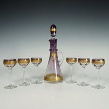 Load image into Gallery viewer, Antique Bohemian Purple Glass Raised Gold Enamel Liquor Service, Decanter &amp; Cordial Glasses Set
