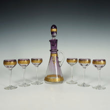 Load image into Gallery viewer, Antique Bohemian Purple Glass Raised Gold Enamel Liquor Service, Decanter & Cordial Glasses Set