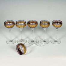 Load image into Gallery viewer, Antique Bohemian Raised Gold Enamel Liquor Service, Purple Glass Decanter & Cordial Glasses Set