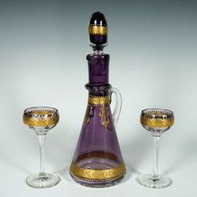 Load image into Gallery viewer, Antique Bohemian Raised Gold Enamel Liquor Service, Purple Glass Decanter & Cordial Glasses Set