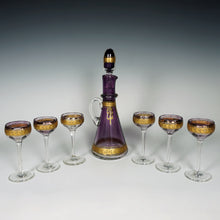 Load image into Gallery viewer, Antique Bohemian Raised Gold Enamel Liquor Service, Purple Glass Decanter & Cordial Glasses Set