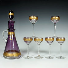Load image into Gallery viewer, Antique Bohemian Raised Gold Enamel Liquor Service, Purple Glass Decanter & Cordial Glasses Set