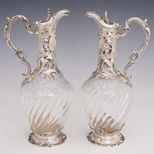 Load image into Gallery viewer, Pair antique French sterling silver &amp; cut crystal claret jugs
