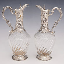 Load image into Gallery viewer, Pair antique French sterling silver & cut crystal claret jugs