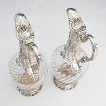 Load image into Gallery viewer, Pair Antique French Sterling Silver Cut Crystal Wine Decanters Claret Jugs, Rococo Openwork Spiral Fluting