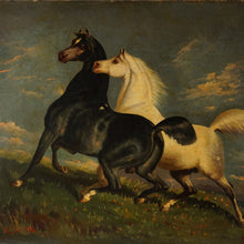 Load image into Gallery viewer, Antique French School Equestrian Horse Portrait Oil Painting Running Thoroughbreds | Artist Signed & Dated