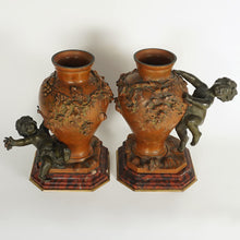 Load image into Gallery viewer, PAIR Antique French Bronze Putti Vases Signed Auguste Moreau