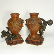 Load image into Gallery viewer, PAIR Antique French Bronze Putti Vases Signed Auguste Moreau