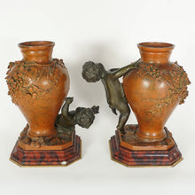 Load image into Gallery viewer, PAIR Antique French Bronze Putti Vases Signed Auguste Moreau
