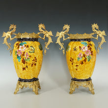 Load image into Gallery viewer, Pair Large Antique Aesthetic French Faience Baluster Vases, Yellow & Turquoise Glaze, Bronze Dragon Mounts