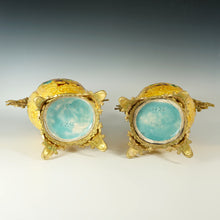 Load image into Gallery viewer, Pair Large Antique Aesthetic French Faience Baluster Vases, Yellow & Turquoise Glaze, Bronze Dragon Mounts