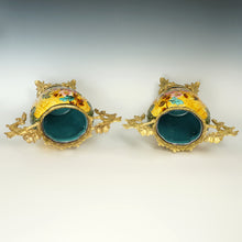 Load image into Gallery viewer, Pair Large Antique Aesthetic French Faience Baluster Vases, Yellow & Turquoise Glaze, Bronze Dragon Mounts
