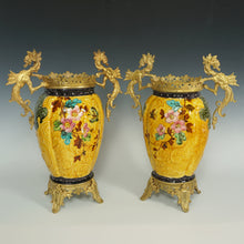 Load image into Gallery viewer, Pair Large Antique Aesthetic French Faience Baluster Vases, Yellow & Turquoise Glaze, Bronze Dragon Mounts