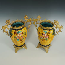 Load image into Gallery viewer, Pair Large Antique Aesthetic French Faience Baluster Vases, Yellow & Turquoise Glaze, Bronze Dragon Mounts