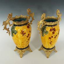 Load image into Gallery viewer, Pair Large Antique Aesthetic French Faience Baluster Vases, Yellow & Turquoise Glaze, Bronze Dragon Mounts