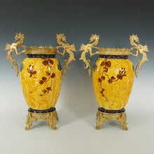 Load image into Gallery viewer, Pair Large Antique Aesthetic French Faience Baluster Vases, Yellow & Turquoise Glaze, Bronze Dragon Mounts