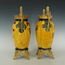 Load image into Gallery viewer, Pair Large Antique Aesthetic French Faience Baluster Vases, Yellow & Turquoise Glaze, Bronze Dragon Mounts