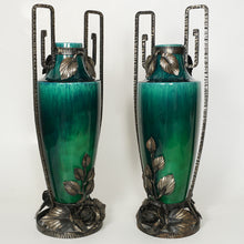 Load image into Gallery viewer, PAIR Large Art Deco French Paul Milet Sevres Ceramic Vases Green Flambe Glaze