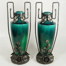 Load image into Gallery viewer, PAIR Large Art Deco French Paul Milet Sevres Ceramic Vases Green Flambe Glaze
