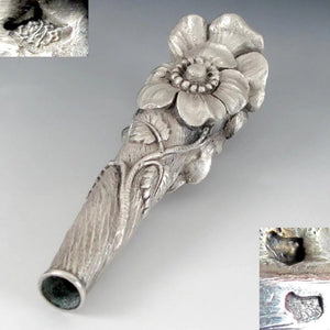 Impressive Antique French .800 Silver Figural Flowers Cane Parasol Handle