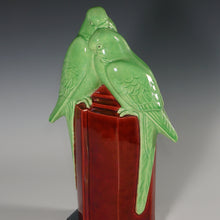 Load image into Gallery viewer, Art Deco French Paul Milet Sevres Ceramic Statue Love Birds Parakeets Figure Sang de Boeuf Ox Blood Red Flambe Glaze
