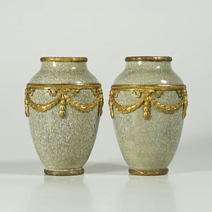 Pair Antique French Sevres Paul Milet Cabinet Ceramic Vases, Gilt Bronze Ormolu Mounts