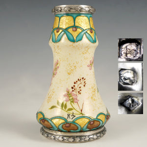 Art Nouveau French Silver Mounted Paul Milet Sevres Ceramic Vase Gold Leaf Foil