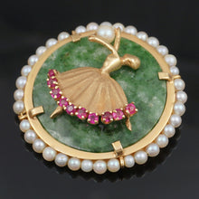 Load image into Gallery viewer, 14K Gold Brooch Ballerina Dancer, Green Jade, Pearls & Natural Rubies