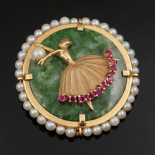 Load image into Gallery viewer, 14K Gold Brooch Ballerina Dancer, Green Jade, Pearls & Natural Rubies