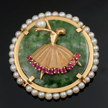 Load image into Gallery viewer, 14K Gold Brooch Ballerina Dancer, Green Jade, Pearls & Natural Rubies