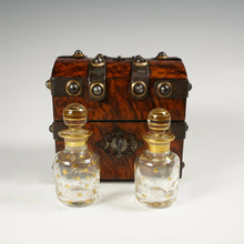 Load image into Gallery viewer, Antique French Perfume Caddy, Gothic Style Burl Wood Box, Glass Scent Bottles
