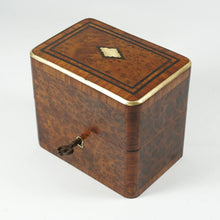 Load image into Gallery viewer, Antique French Perfume Caddy, Burl Wood & Brass Inlay Box, Baccarat Scent Bottles