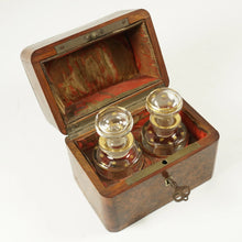 Load image into Gallery viewer, Antique French Perfume Caddy, Burl Wood & Brass Inlay Box, Baccarat Scent Bottles