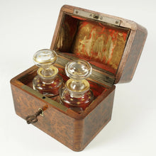 Load image into Gallery viewer, Antique French Perfume Caddy, Burl Wood & Brass Inlay Box, Baccarat Scent Bottles