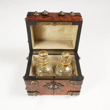 Load image into Gallery viewer, Antique French Perfume Caddy, Gothic Style Burl Wood Box, Glass Scent Bottles