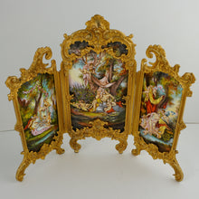 Load image into Gallery viewer, Antique Viennese Enamel on Copper, Gilt Bronze, Tryptic Screen Miniature Doll 17"