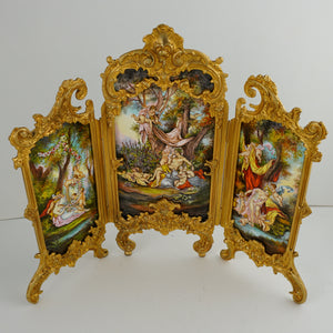 Antique Viennese Enamel Gilt Bronze Table Top Miniature Dressing Screen