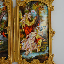 Load image into Gallery viewer, Antique Viennese Enamel on Copper, Gilt Bronze, Tryptic Screen Miniature Doll 17"