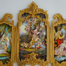 Load image into Gallery viewer, Antique Viennese Enamel on Copper, Gilt Bronze, Tryptic Screen Miniature Doll 17"